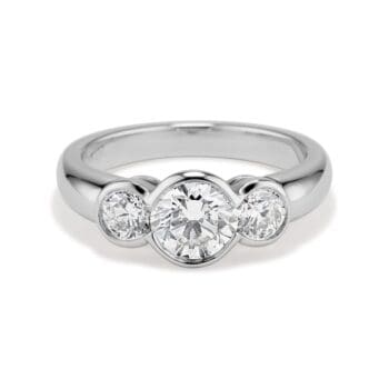 Three Diamond Katahdin Ring with three bezel-set round diamonds in platinum setting, size 6.75
