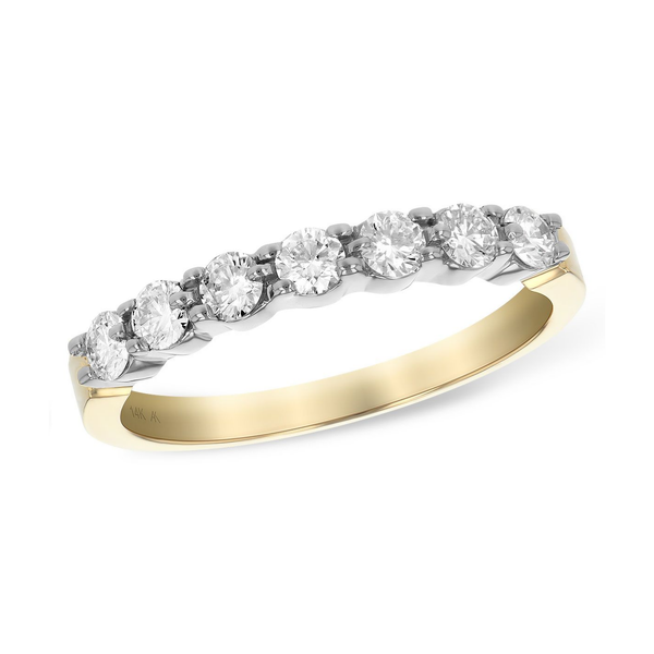 14K two tone gold band with seven round diamonds prong set, size 7