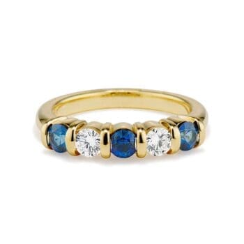 18K yellow gold ridge ring band featuring alternating round blue sapphires and round diamonds, finger size 6.5