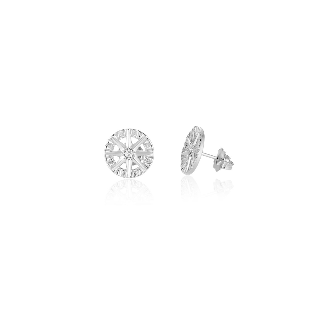 Compass Rose diamond stud earrings set with round diamonds in 14K white gold