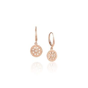 Compass Rose dangle earrings in 14K rose gold with round diamonds on leverback closures