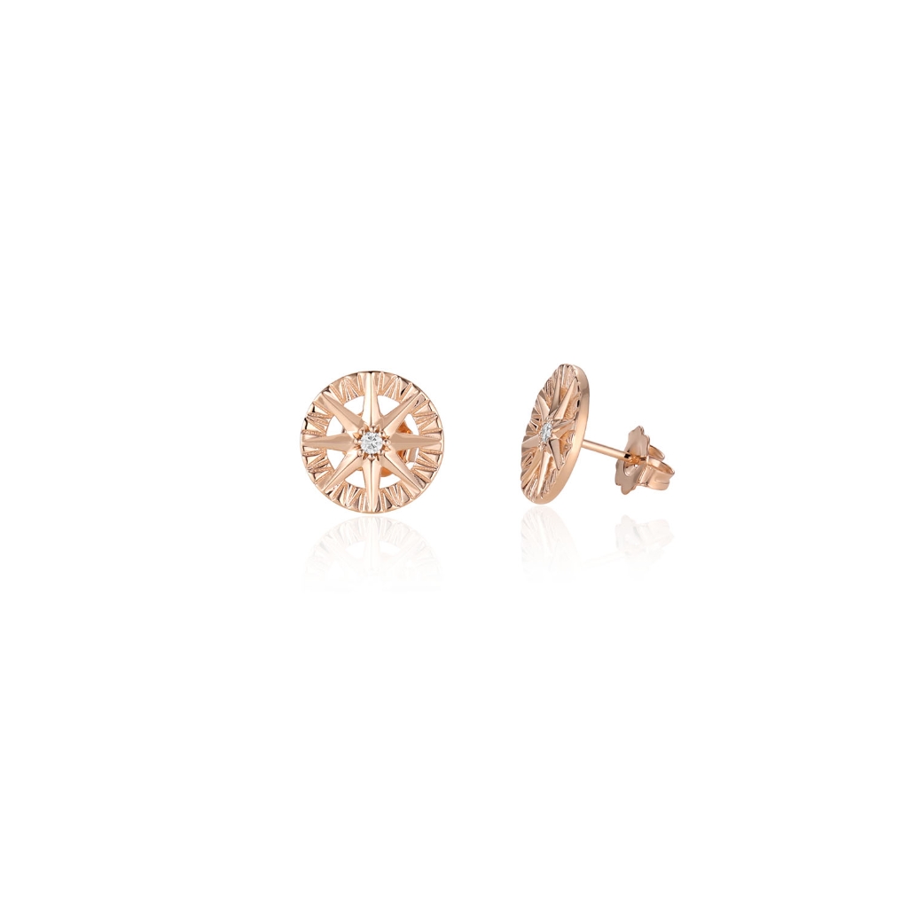 14K rose gold Compass Rose diamond stud earrings with round diamonds