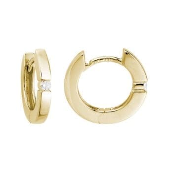 14K yellow gold huggie hoop earrings with round diamonds in bar setting