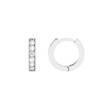 Pair of 14K white gold huggie hoop earrings with twelve round diamonds