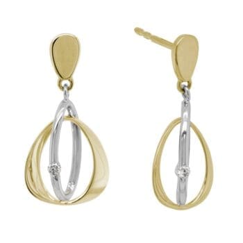 Round diamond accent drop earrings in 14K two-tone gold with delicate bar set diamonds