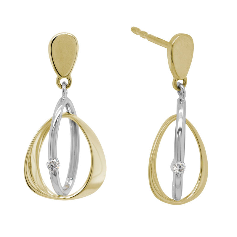 Round diamond accent drop earrings in 14K two-tone gold with delicate bar set diamonds