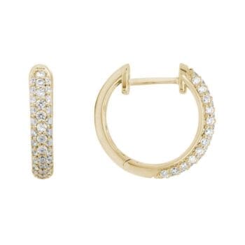 14K yellow gold huggie earrings with 74 round pavé diamonds totaling 0.50 carats