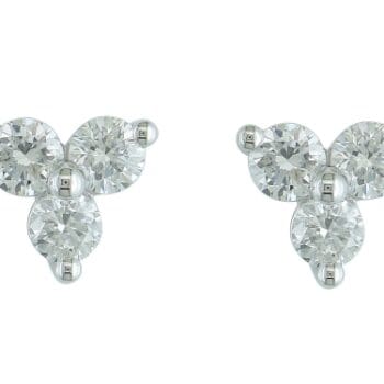 Round diamond trio stud earrings in 14K white gold with shared prong set diamonds