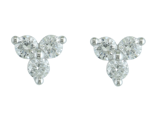 Round diamond trio stud earrings in 14K white gold with shared prong set diamonds