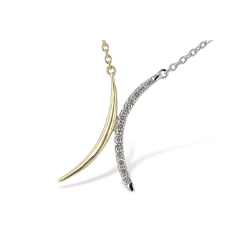 Round diamond double curve pendant set in 14K two tone gold with shared prong diamonds
