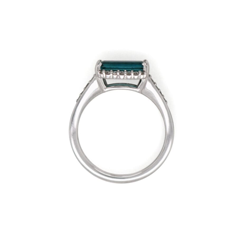 Indicolite blue tourmaline ring with emerald cut diamonds set in 14K white gold, size 6.5