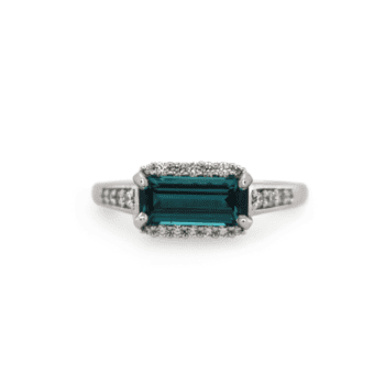 Indicolite blue tourmaline ring with emerald cut diamonds set in 14K white gold, size 6.5