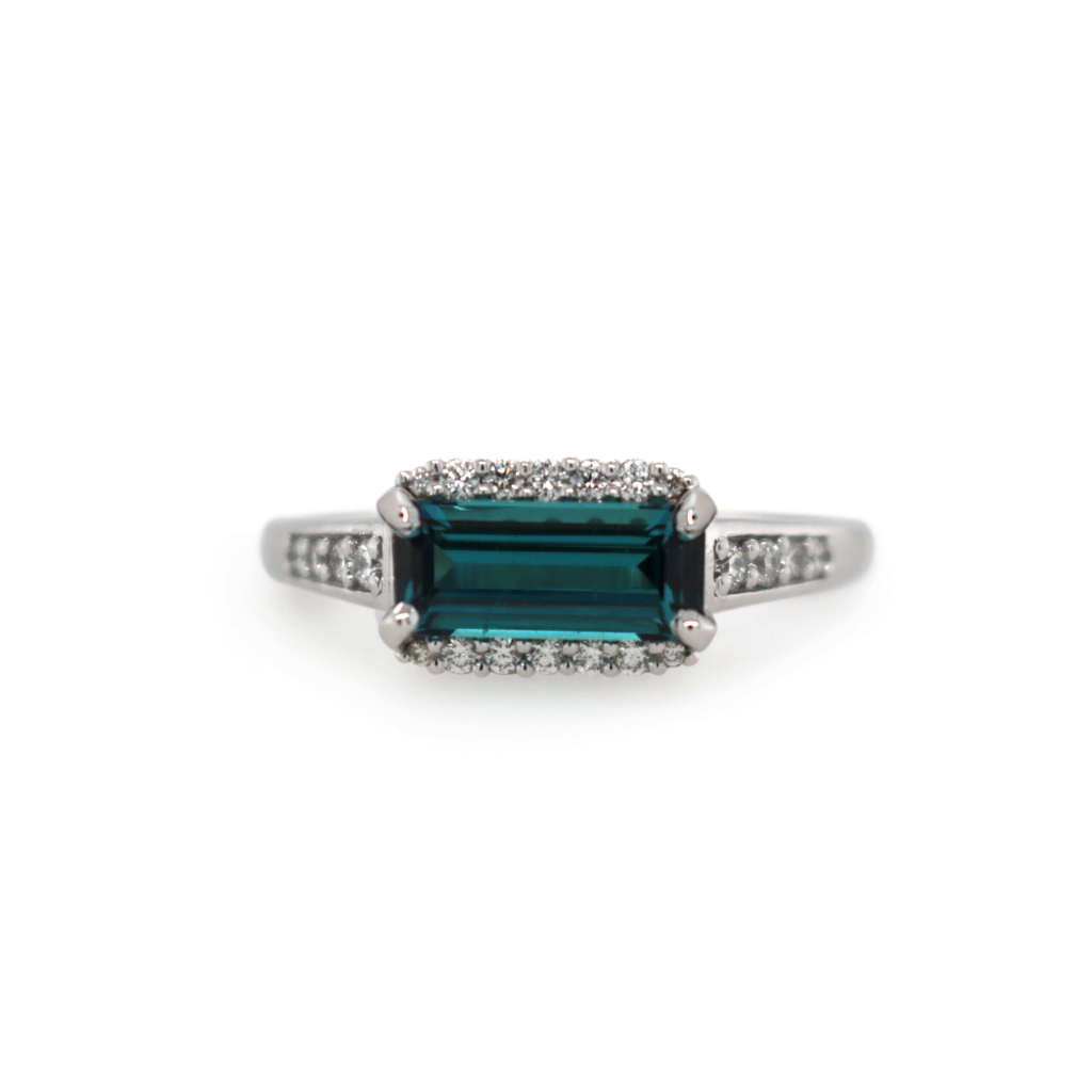 Indicolite blue tourmaline ring with emerald cut diamonds set in 14K white gold, size 6.5