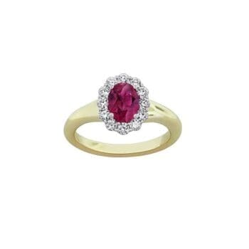 Oval ruby and diamond halo ring in 18K yellow and white gold, size 6.5