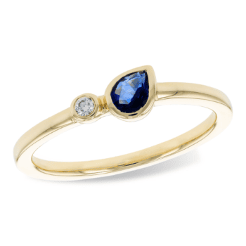 14K yellow gold Toi et Moi ring featuring a pear cut blue sapphire and round diamonds