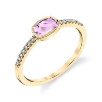 14K yellow gold stacking ring with rectangular cushion cut lavender amethyst and diamond accents, size 7