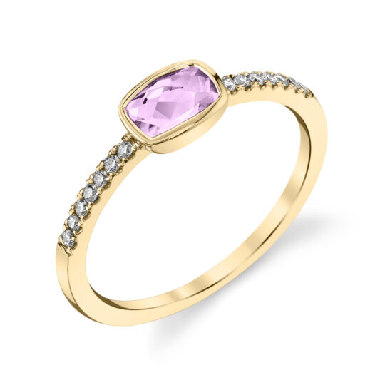 14K yellow gold stacking ring with rectangular cushion cut lavender amethyst and diamond accents, size 7