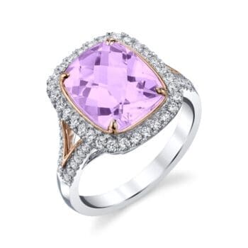 Amethyst ring with light purple center gemstone and elongated cushion cut diamonds set in 14K two-tone gold