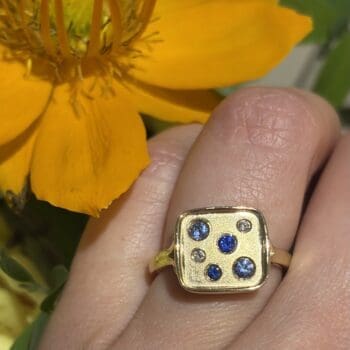Blue Sapphire and Diamond Galaxy Ring in 14K yellow gold with natural blue sapphires and round diamonds, size 6.5