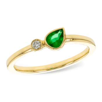 Toi and Moi ring featuring pear-shaped emerald and small round diamonds in 14K yellow gold, size 7