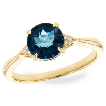 14K yellow gold ring featuring a 1.60 carat London Blue Topaz center gem with six round diamond accents on the sides