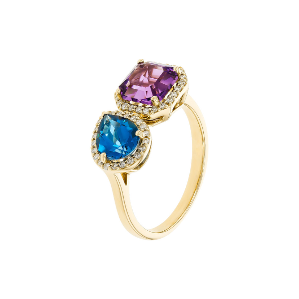 Two-tone ring with a purple amethyst center, emerald cut topaz accents, diamond halo, set in 14K yellow gold, size 7.25