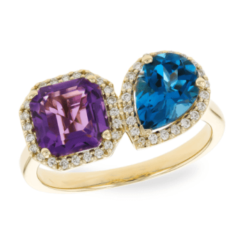 Two-tone ring with a purple amethyst center, emerald cut topaz accents, diamond halo, set in 14K yellow gold, size 7.25