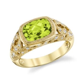 Peridot flower ring with a lime green center gemstone and diamond accents in 14K yellow gold