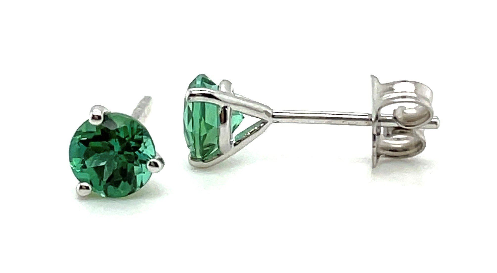 Mint green Brazilian tourmaline round cut earrings set in 14K white gold