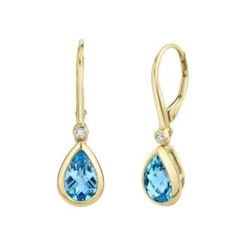 14K yellow gold leverback earrings featuring pear-shaped blue topaz gemstones
