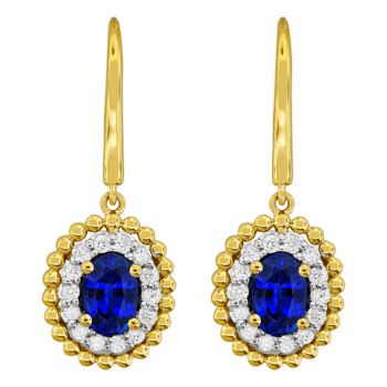 Oval blue sapphire and diamond earrings set in 18K yellow gold with French wire backs