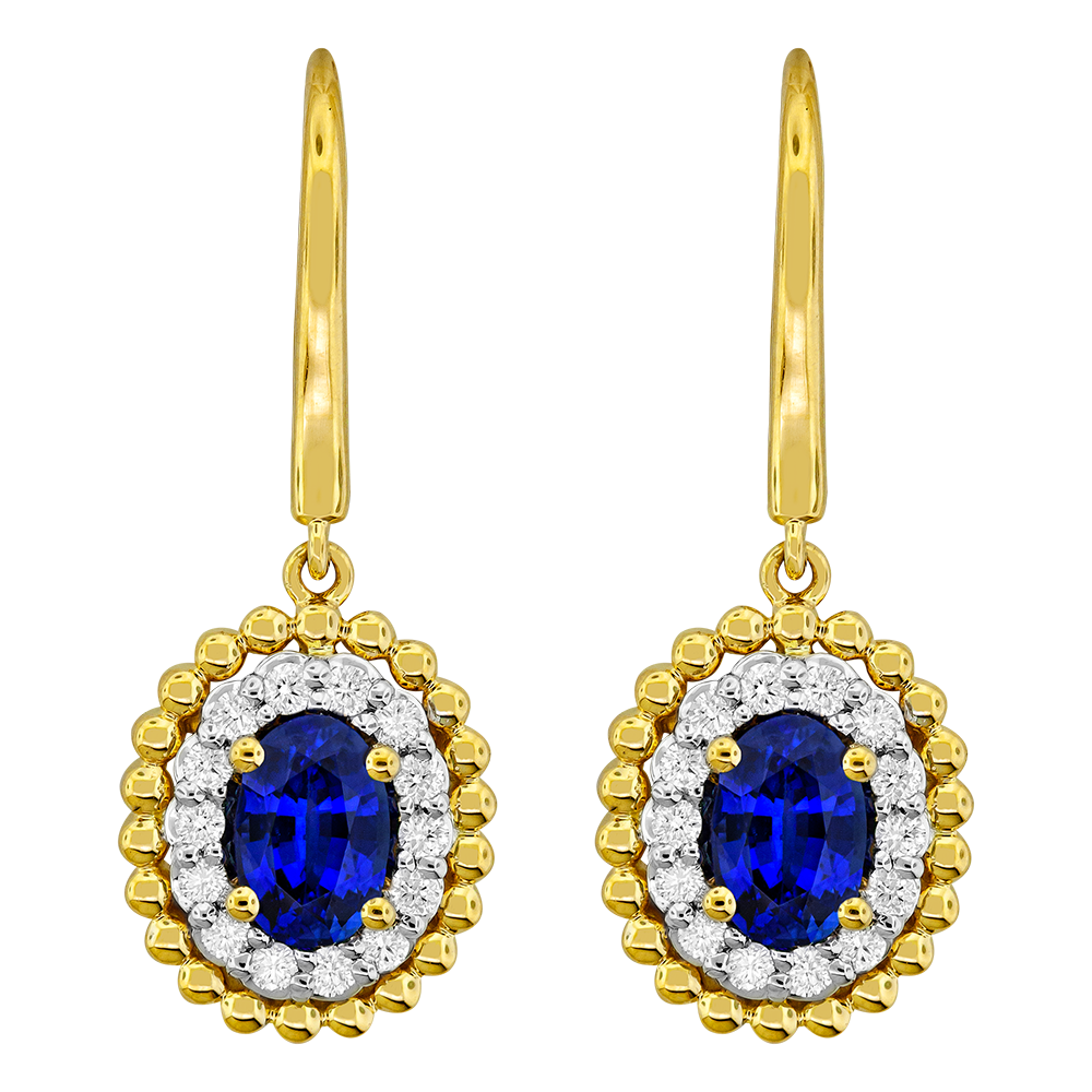 Oval blue sapphire and diamond earrings set in 18K yellow gold with French wire backs