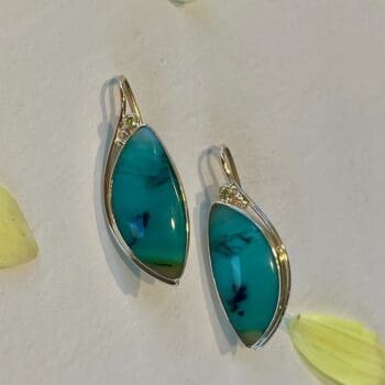 14K yellow gold drop earrings featuring opalized wood and yellow diamonds
