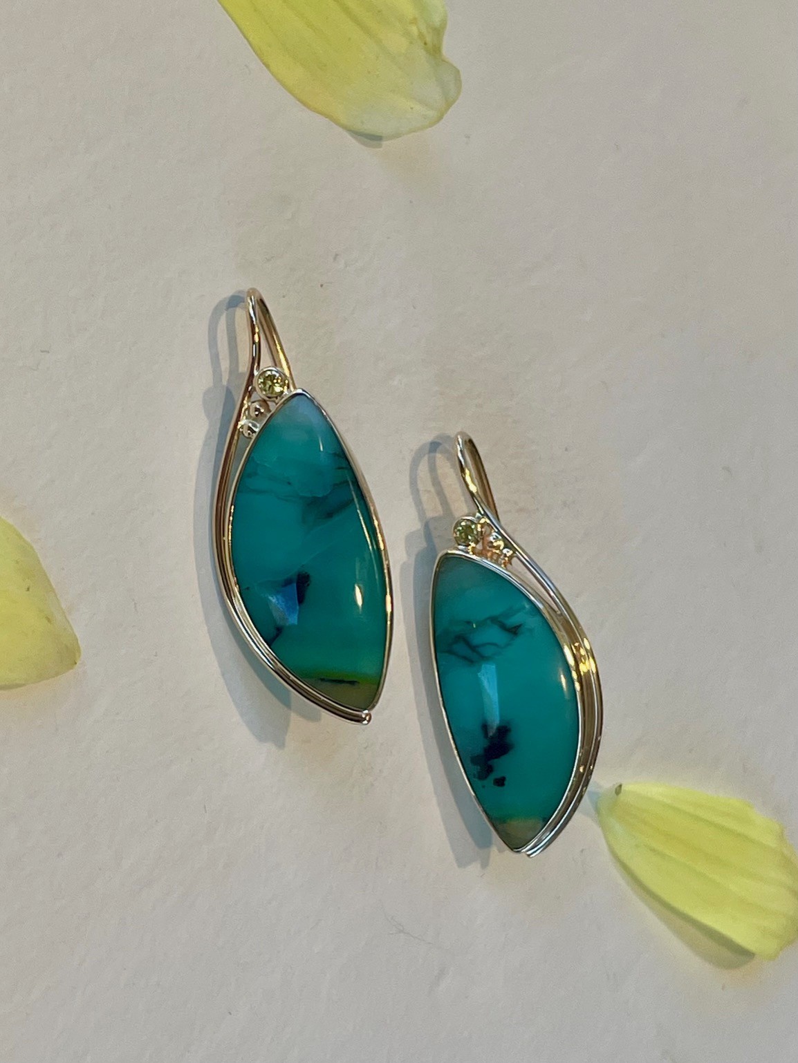 14K yellow gold drop earrings featuring opalized wood and yellow diamonds