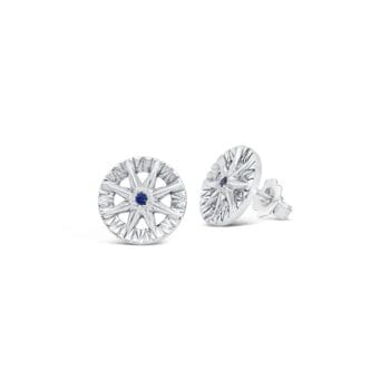 Compass Rose Sapphire stud earrings featuring deep blue sapphires set in 14K white gold