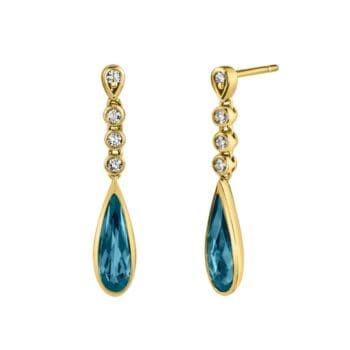 14K yellow gold drop earrings featuring teal blue topaz and pear shape diamonds in a post dangle design