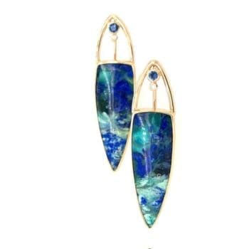 Pair of 14K yellow gold earrings featuring bezel-set azurite malachite, sapphire, and diamond with French wire closure
