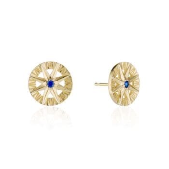 Compass Rose stud earrings with deep blue sapphire set in 14K yellow gold