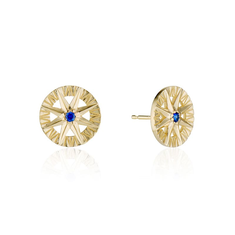Compass Rose stud earrings with deep blue sapphire set in 14K yellow gold