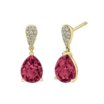 Pair of 14K yellow gold drop earrings featuring pear-shaped checkerboard-cut rhodolite garnets with pave diamond accents