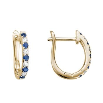 Blue sapphire and diamond huggie hoop earrings set in 14K white gold