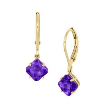 Amethyst leverback earrings with purple gemstones and hexagonal accents in 14K yellow gold
