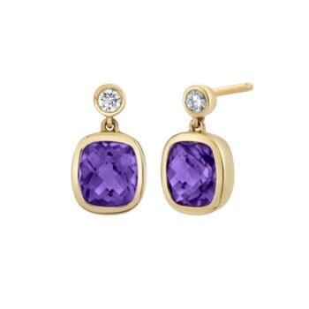 Pair of 14K yellow gold earrings with elongated cushion cut purple amethyst post dangles accented by diamonds