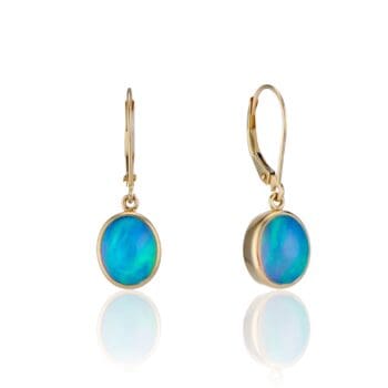 Pair of 14K yellow gold leverback earrings with 9x7mm oval opal gemstones
