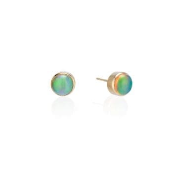 Pair of 7mm round opal stud earrings set in 14K yellow gold