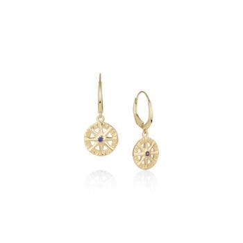 14K yellow gold compass rose dangle earrings with blue sapphires and leverback closures