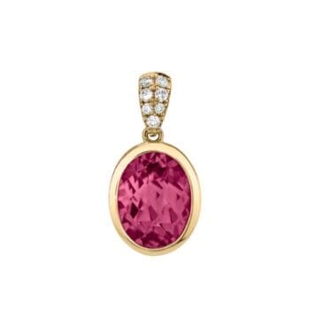 Oval rhodolite garnet pendant with diamond accents set in 14K yellow gold