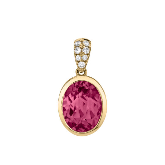 Oval rhodolite garnet pendant with diamond accents set in 14K yellow gold