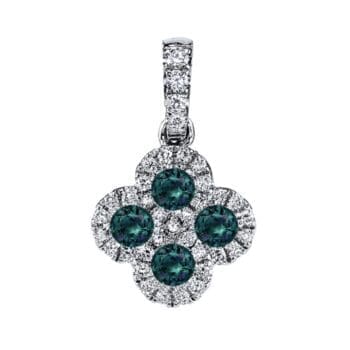 14K white gold quatrefoil pendant with four teal-purple alexandrite gemstones and diamond halo