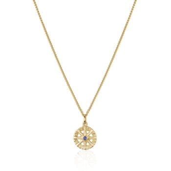 Compass Rose pendant in 14K yellow gold featuring a central blue sapphire gemstone